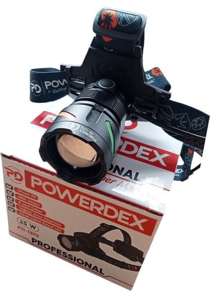 Powerdex PD-1372 Şarjlı Kafa Lambası 25W 1800 Lümen Zoomlu 5 Modlu Dijital Göstergeli Suya Dayanıklı LED Fener