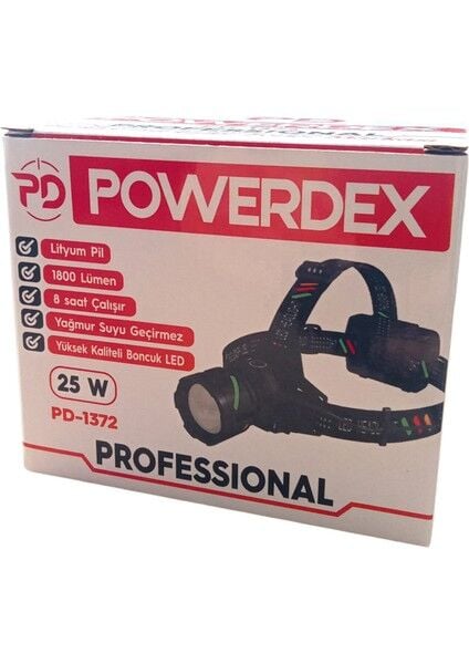 Powerdex PD-1372 Şarjlı Kafa Lambası 25W 1800 Lümen Zoomlu 5 Modlu Dijital Göstergeli Suya Dayanıklı LED Fener