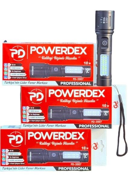 PD-2007 Şarjlı El Feneri | 10W Led, 1000 Lümen, Zoom, Cob Yan Işık + Çakar Mod, Suya Dayanıklı