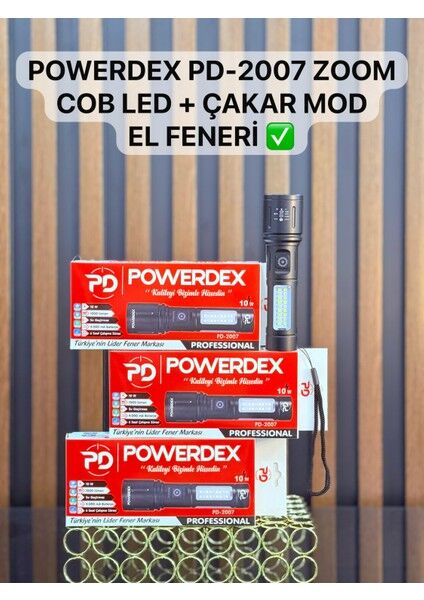 PD-2007 Şarjlı El Feneri | 10W Led, 1000 Lümen, Zoom, Cob Yan Işık + Çakar Mod, Suya Dayanıklı