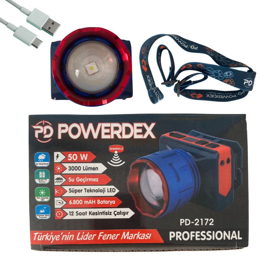 Powerdex PD-2172 Sensörlü Profesyonel Kafa Lambası - 3000 Lümen 50W (8 Saat Çalışma Süresi)