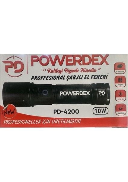 Powerdex PD-4200 10WATT Süper LED Yağmur Suyu Geçirmez Profesyonel Şarjlı El Feneri