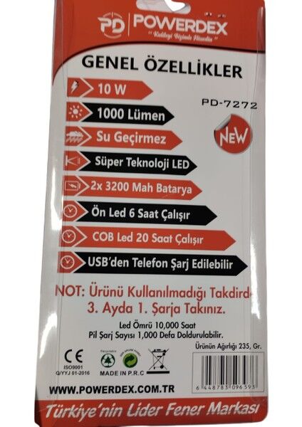 PD-7272 Profesyonel El Feneri | 10W – 1000 Lümen – 6400 Mah – Powerbank Özellikli & Cob LED Aydınlatma
