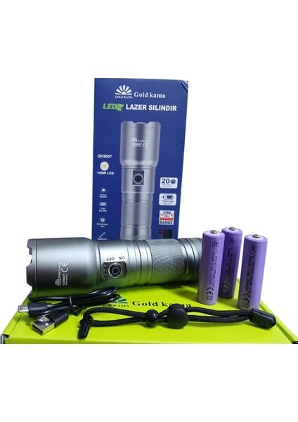 GK-9607 Profesyonel El Feneri | 100W 10.000 Lümen | 7200 Mah, 2200 M Menzil, Zoomlu, Metal Gövde, Type-C Şarjlı