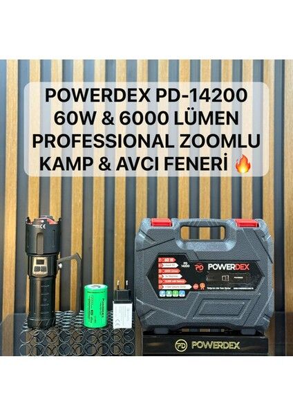 PD-14200 Profesyonel El Feneri | 60W – 6000 Lümen – 12.000 Mah – Powerbank Özellikli, Zoomlu, Metal Gövde
