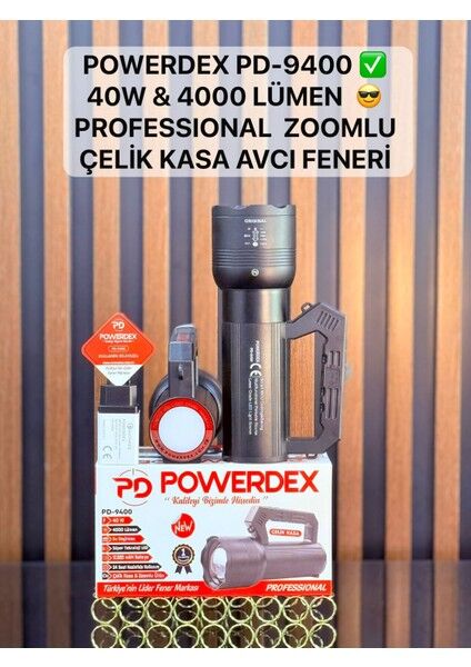PD-9400 Profesyonel El Feneri | 40W – 4000 Lümen – 12.800 Mah – Zoom + Arkada LED – Metal Gövde