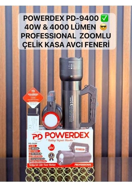 PD-9400 Profesyonel El Feneri | 40W – 4000 Lümen – 12.800 Mah – Zoom + Arkada LED – Metal Gövde