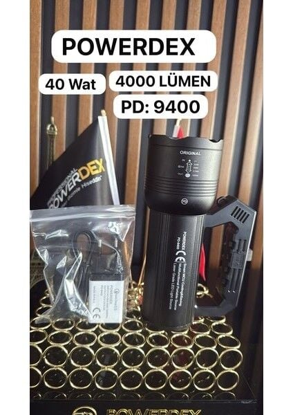 PD-9400 Profesyonel El Feneri | 40W – 4000 Lümen – 12.800 Mah – Zoom + Arkada LED – Metal Gövde