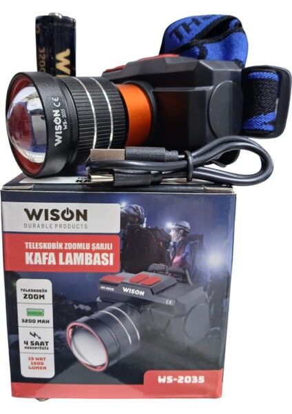 WS-2035 Profesyonel Kafa Lambası | 15W – 1500 Lümen – Zoomlu – Type-C Şarj – 3200 Mah Batarya