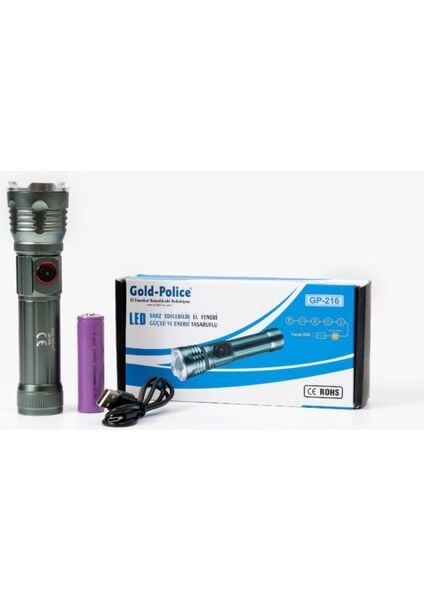 GP-216 Şarjlı El Feneri | 2000 Lümen – Tg LED – Alüminyum Gövde – Mıknatıslı – Zoom Özellikli