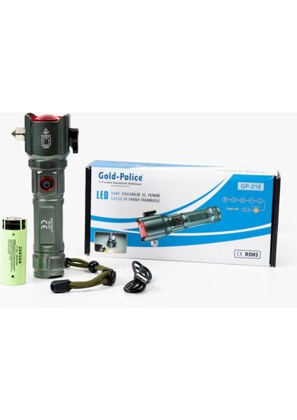 GP-218 Profesyonel Acil Durum El Feneri | 30W – 3000 Lümen – 5000 Mah – Cam Kıracılı, Kemer Kesicili, Zoomlu & Type-C Şarjlı