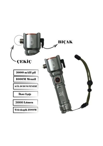 GP-218 Profesyonel Acil Durum El Feneri | 30W – 3000 Lümen – 5000 Mah – Cam Kıracılı, Kemer Kesicili, Zoomlu & Type-C Şarjlı