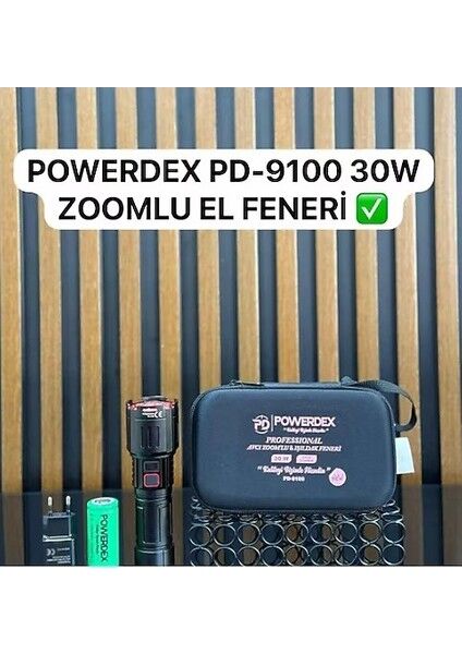 PD-9100 Profesyonel El Feneri | 30W 2800 Lümen | 8800 Mah, Zoomlu, Metal Gövde, Type-C Şarjlı
