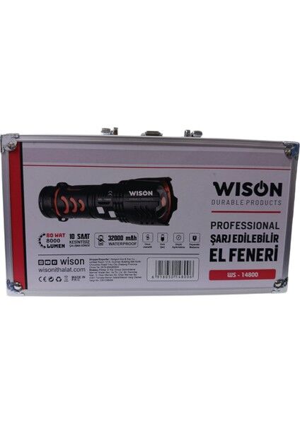 WS-14800 Profesyonel El Feneri | 80W – 8000 Lümen – 32000 Mah – Powerbank Özellikli, Type-C Şarjlı
