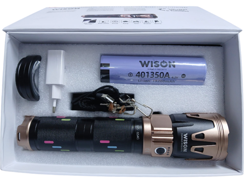 WS-6540 Profesyonel Yakıcı Özellikli El Feneri | 50W – 5000 Lümen – 19200 Mah – Zoomlu & Type-C Şarjlı