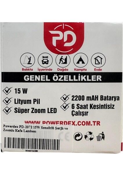 PD-2072 Profesyonel Kafa Lambası | 15W 1500 Lümen | Sensörlü, Zoomlu, Metal Kafa, Type-C Şarjlı
