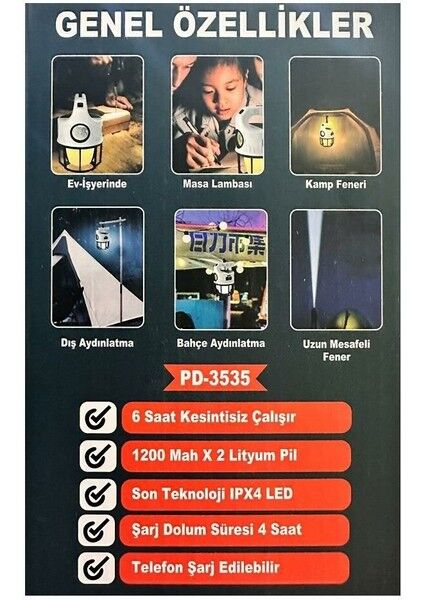 PD-3535 Çift Işıklı Solar Şarjlı Kamp Lambası