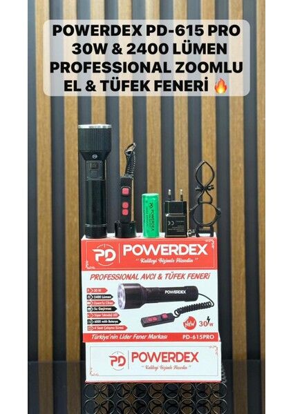 PD-615-PRO Profesyonel El & Tüfek Feneri | 30W – 2400 Lümen – 6000 Mah – Zoomlu – Type-C Şarjlı