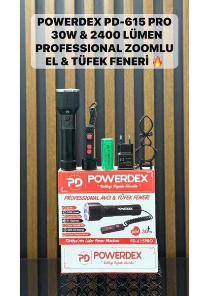 PD-615-PRO Profesyonel El & Tüfek Feneri | 30W – 2400 Lümen – 6000 Mah – Zoomlu – Type-C Şarjlı