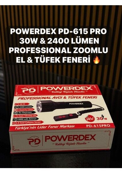PD-615-PRO Profesyonel El & Tüfek Feneri | 30W – 2400 Lümen – 6000 Mah – Zoomlu – Type-C Şarjlı