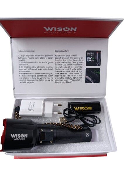 WS-5575 Profesyonel El Feneri | 20W 2000 Lümen | 5000 Mah, Zoomlu, Dijital Göstergeli, Type-C Şarjlı