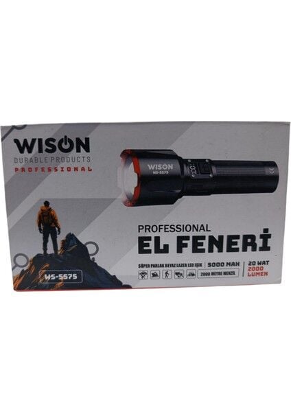 WS-5575 Profesyonel El Feneri | 20W 2000 Lümen | 5000 Mah, Zoomlu, Dijital Göstergeli, Type-C Şarjlı