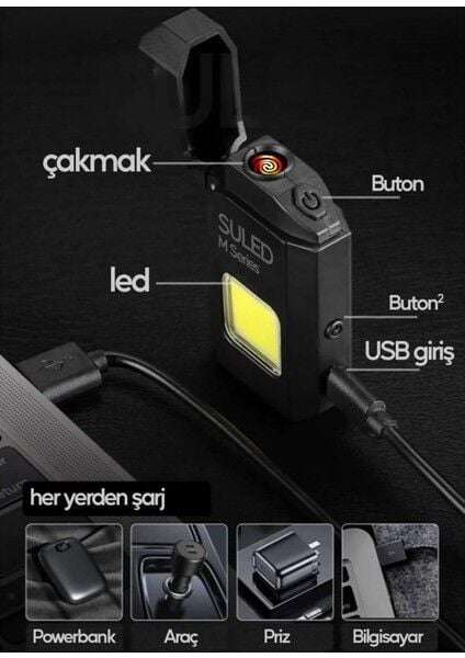 M8 Çakmaklı Fener | Şarjlı Yüksek Parlak Cob LED Lamba Rüzgar Geçirmez Çakmaklı Fener