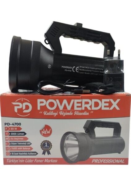 PD-4700 Profesyonel El Feneri | 30W – 3000 Lümen – 9600 Mah – Metal Kasa – Powerbank – Dijital Göstergeli