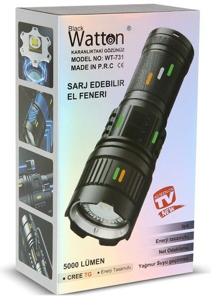 WT-731 El Feneri - Tg LED 1200 Metre Aydınlatma - Type-C Şarjlı Powerbank Özellikli - Alüminyum Gövde