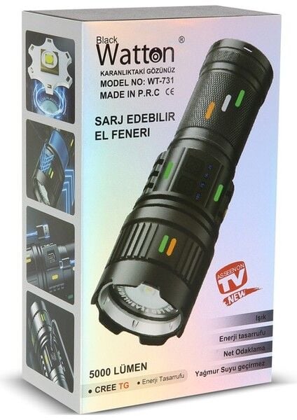 WT-731 El Feneri - Tg LED 1200 Metre Aydınlatma - Type-C Şarjlı Powerbank Özellikli - Alüminyum Gövde