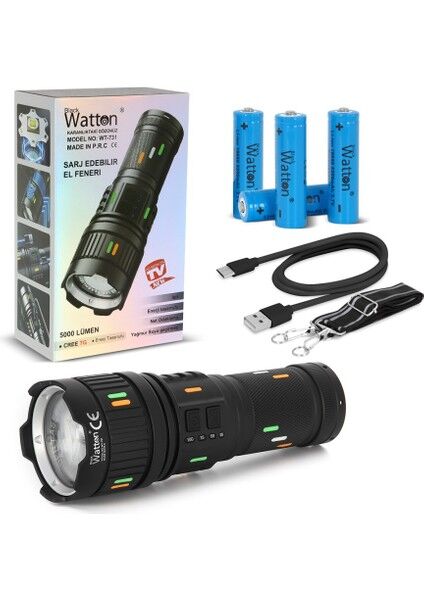 WT-731 El Feneri - Tg LED 1200 Metre Aydınlatma - Type-C Şarjlı Powerbank Özellikli - Alüminyum Gövde