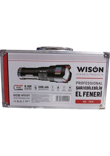 1010 Profesyonel El Feneri | 55W – 5500 Lümen – 13.200 Mah – Zoom Özellikli – Metal Gövde – Type-C Şarjlı