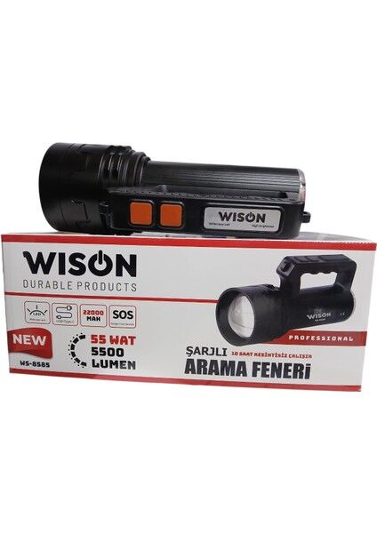 WS-8585 Profesyonel Arama Feneri | 55W – 5500 Lümen – 22.000 Mah – Zoomlu, Arka Işık & Çakar Modlu