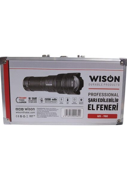 980 Profesyonel Zoomlu El Feneri | 60W – 6000 Lümen – 13.200 Mah – Type‑c – Metal Gövde