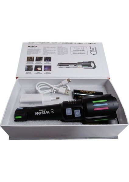 9954 Profesyonel El Feneri + Yeşil Lazer | 25W – 2500 Lümen – 5800 Mah Batarya – 2000 Metre Menzil – Metal Gövde