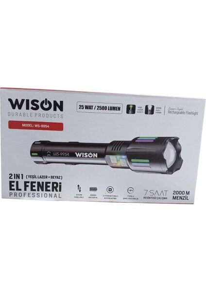 9954 Profesyonel El Feneri + Yeşil Lazer | 25W – 2500 Lümen – 5800 Mah Batarya – 2000 Metre Menzil – Metal Gövde