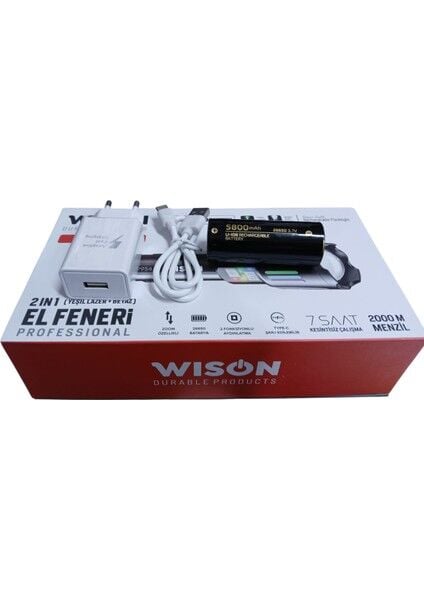 9954 Profesyonel El Feneri + Yeşil Lazer | 25W – 2500 Lümen – 5800 Mah Batarya – 2000 Metre Menzil – Metal Gövde