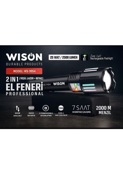 9954 Profesyonel El Feneri + Yeşil Lazer | 25W – 2500 Lümen – 5800 Mah Batarya – 2000 Metre Menzil – Metal Gövde