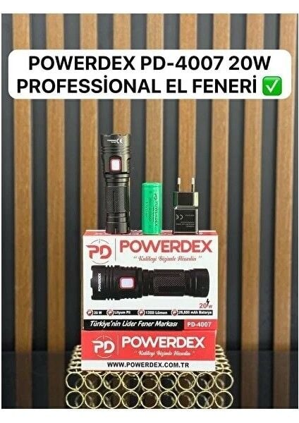 PD-4007 Profesyonel El Feneri | 20W 1200 Lümen | 6000 Mah, Metal Gövde, Type-C Şarjlı, Kompakt Tasarım