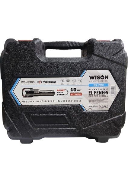 WS-12300 Profesyonel El Feneri | 60W – 6000 Lümen – 22000 Mah – Zoomlu – Metal Kasa – Type-C Şarj – Dijital Göstergeli