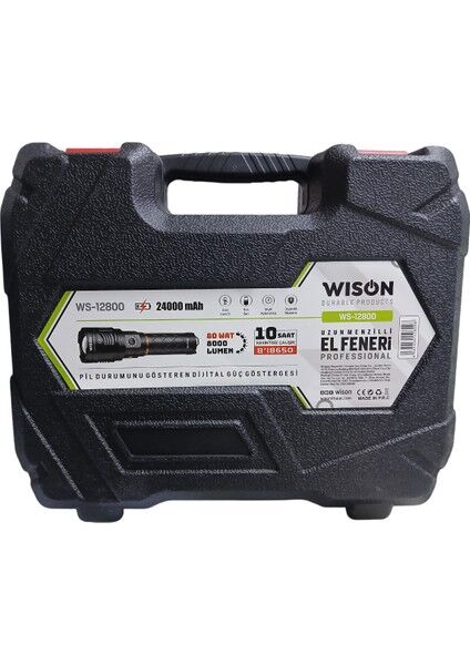 WS-12800 Profesyonel El Feneri | 80W – 8000 Lümen – 24000 Mah – Powerbank Özellikli – Zoomlu – Type-C Şarj – Metal Kasa