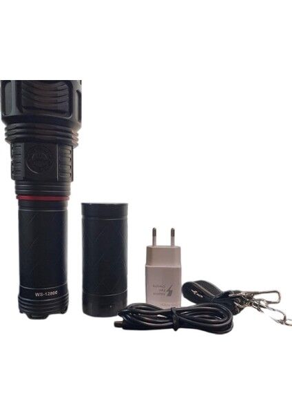 WS-12800 Profesyonel El Feneri | 80W – 8000 Lümen – 24000 Mah – Powerbank Özellikli – Zoomlu – Type-C Şarj – Metal Kasa