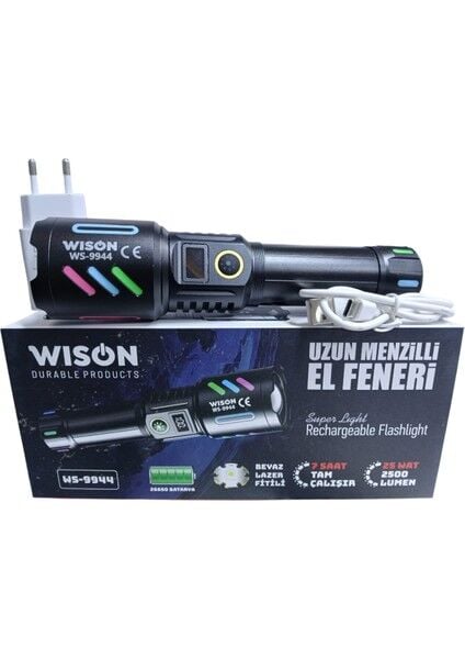 WS-9944 Profesyonel El Feneri | 25W – 2500 Lümen – Zoomlu – Type-C Şarj – Dijital Göstergeli – Fosforlu Metal Kasa