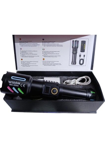 WS-9944 Profesyonel El Feneri | 25W – 2500 Lümen – Zoomlu – Type-C Şarj – Dijital Göstergeli – Fosforlu Metal Kasa