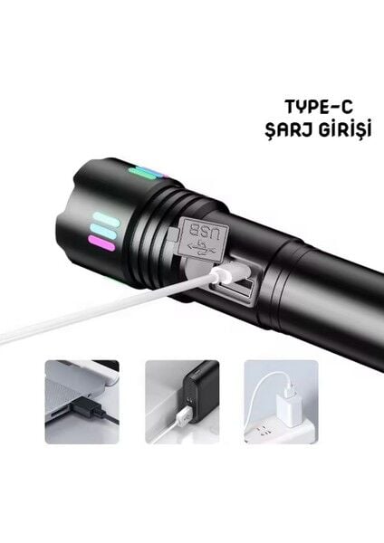 WS-9944 Profesyonel El Feneri | 25W – 2500 Lümen – Zoomlu – Type-C Şarj – Dijital Göstergeli – Fosforlu Metal Kasa