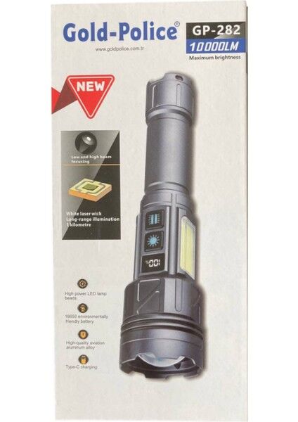 GP-282 Profesyonel Şarjlı El Feneri | 100W – 11 Mod – Zoom – Type-C Şarj