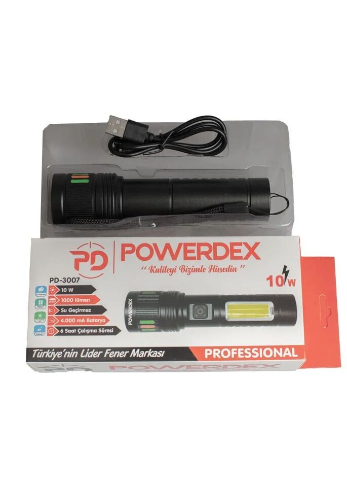 PD-3007 Profesyonel El Feneri | 10W – 1000 Lümen – 4000 Mah – Zoomlu – Metal Kasa – Type-C Şarjlı