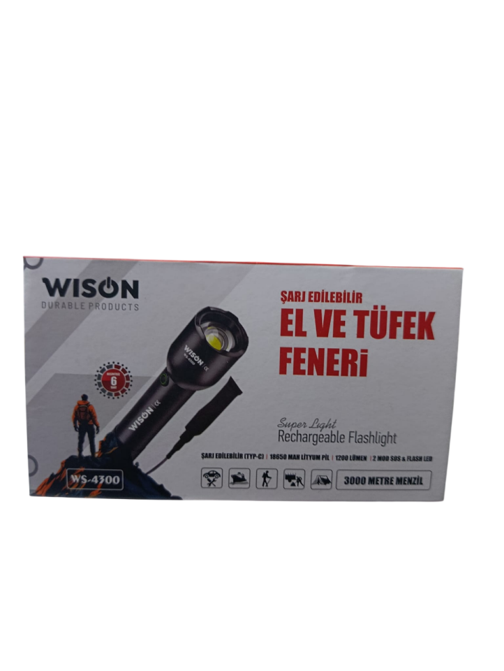 WS-4300 Profesyonel El & Tüfek Feneri | 1200 Lümen – Metal Kasa – Zoomlu – Type-C Şarjlı
