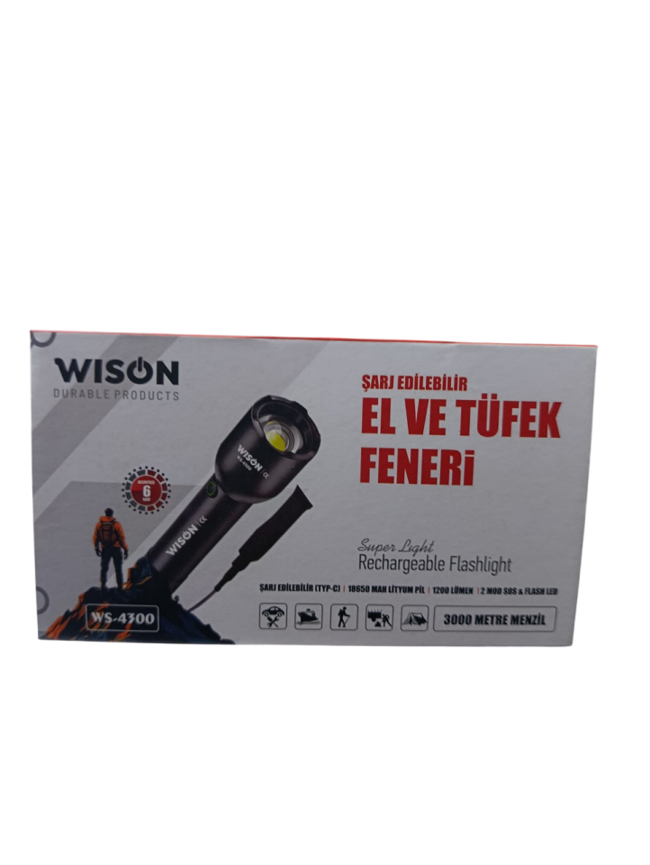 WS-4300 Profesyonel El & Tüfek Feneri | 1200 Lümen – Metal Kasa – Zoomlu – Type-C Şarjlı