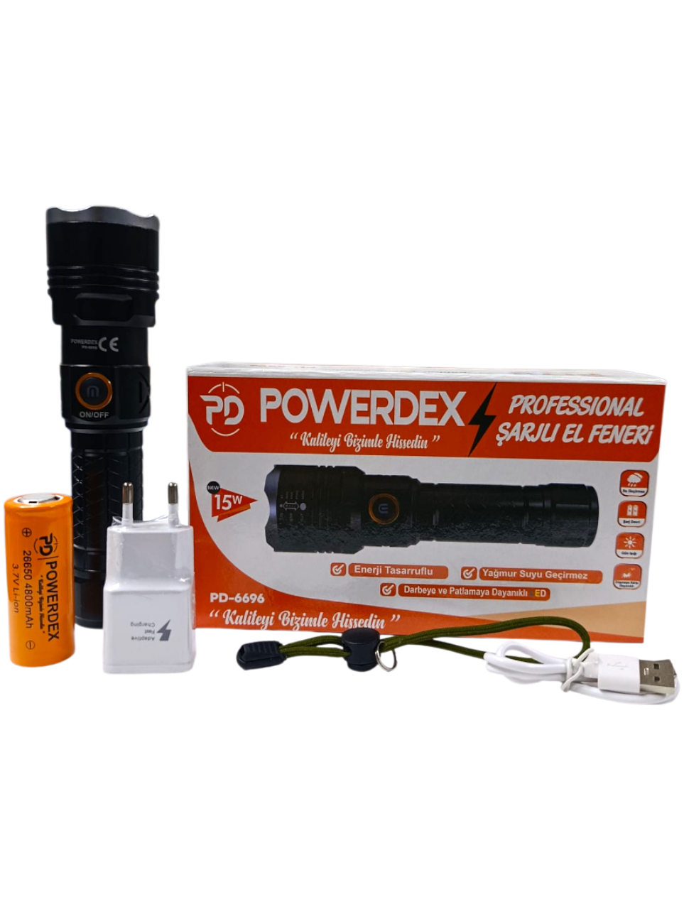 PD-6696 Profesyonel El Feneri | 15W – 1500 Lümen – 4800 Mah – Zoomlu – Metal Kasa – Type-C Şarjlı